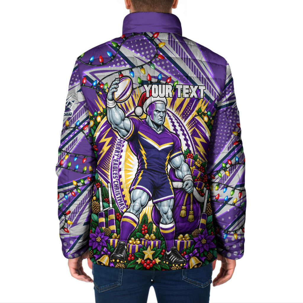 Personalized Melbourne Storm Rugby Christmas Padded Jacket Holiday Mascot Graphic Art Festive Lights Bow