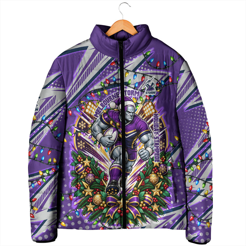Personalized Melbourne Storm Rugby Christmas Padded Jacket Holiday Mascot Graphic Art Festive Lights Bow