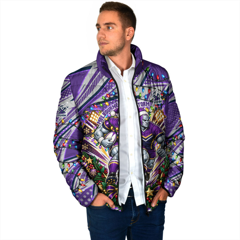 Personalized Melbourne Storm Rugby Christmas Padded Jacket Holiday Mascot Graphic Art Festive Lights Bow