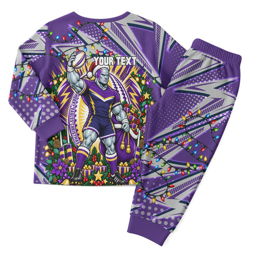 Personalized Melbourne Storm Rugby Christmas Pajama Set Holiday Mascot Graphic Art Festive Lights Bow