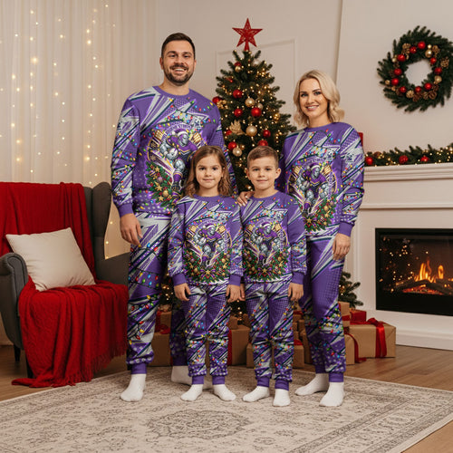 Personalized Melbourne Storm Rugby Christmas Pajama Set Holiday Mascot Graphic Art Festive Lights Bow