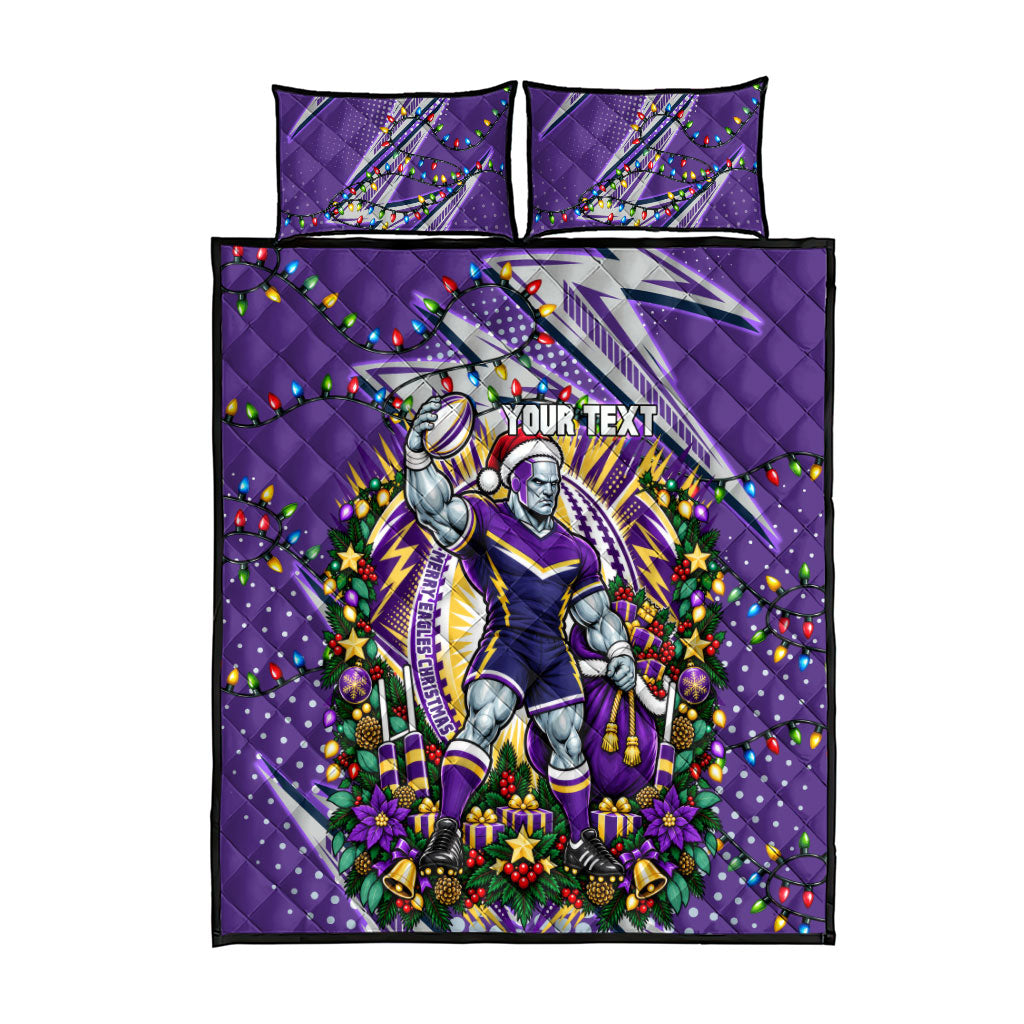 Personalized Melbourne Storm Rugby Christmas Quilt Bed Set Holiday Mascot Graphic Art Festive Lights Bow