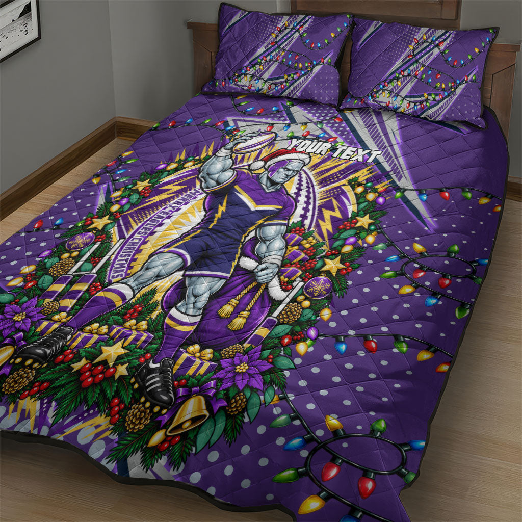 Personalized Melbourne Storm Rugby Christmas Quilt Bed Set Holiday Mascot Graphic Art Festive Lights Bow