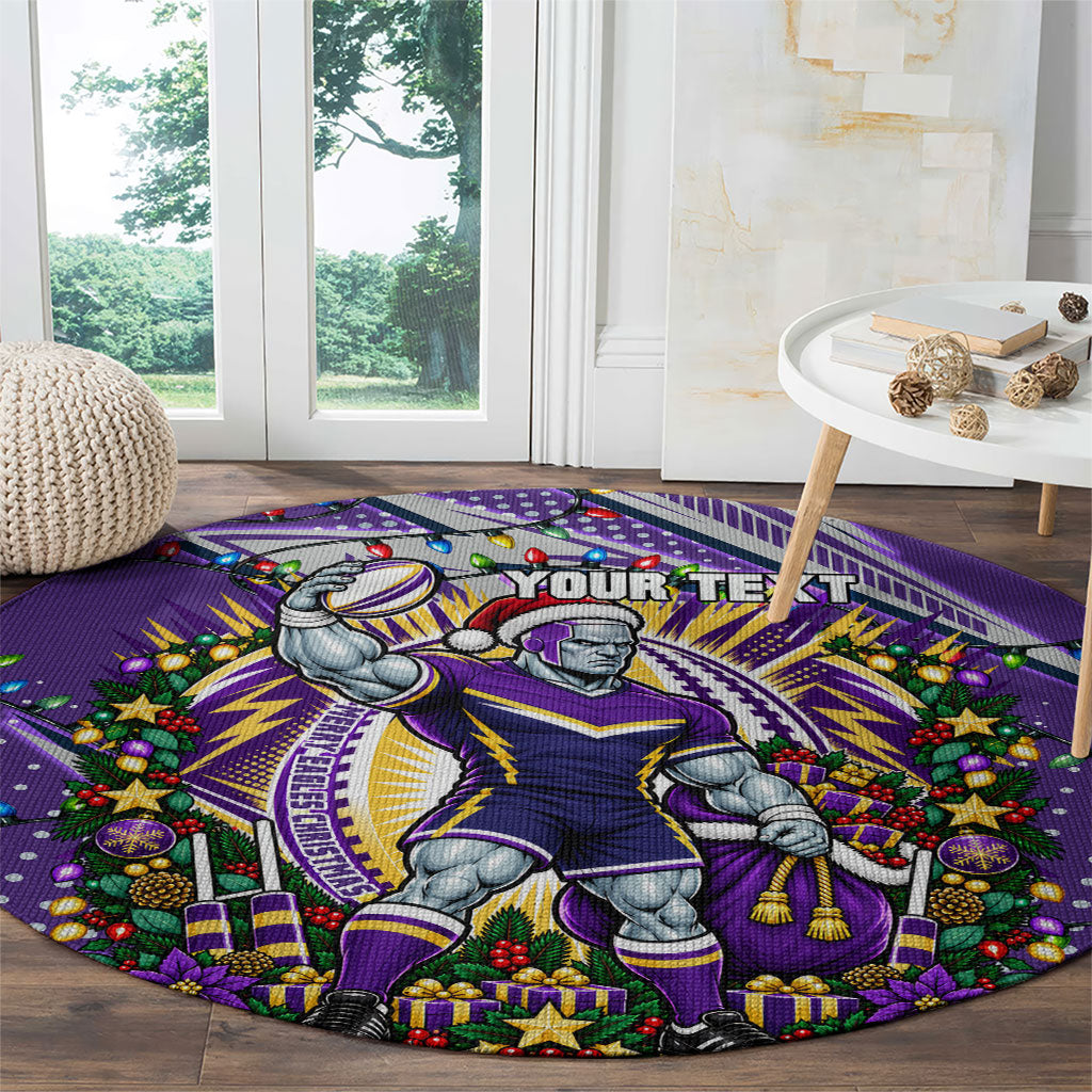 Personalized Melbourne Storm Rugby Christmas Round Carpet Holiday Mascot Graphic Art Festive Lights Bow