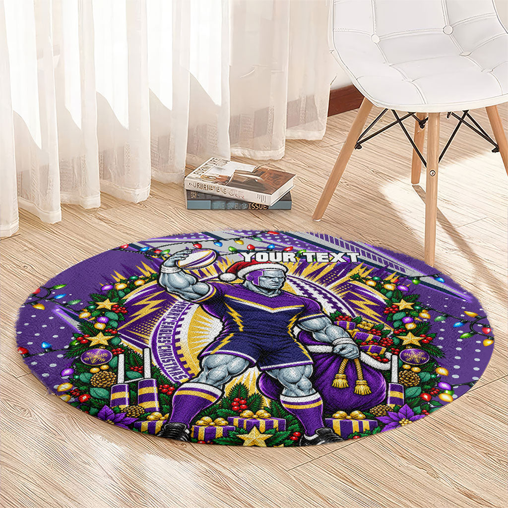 Personalized Melbourne Storm Rugby Christmas Round Carpet Holiday Mascot Graphic Art Festive Lights Bow