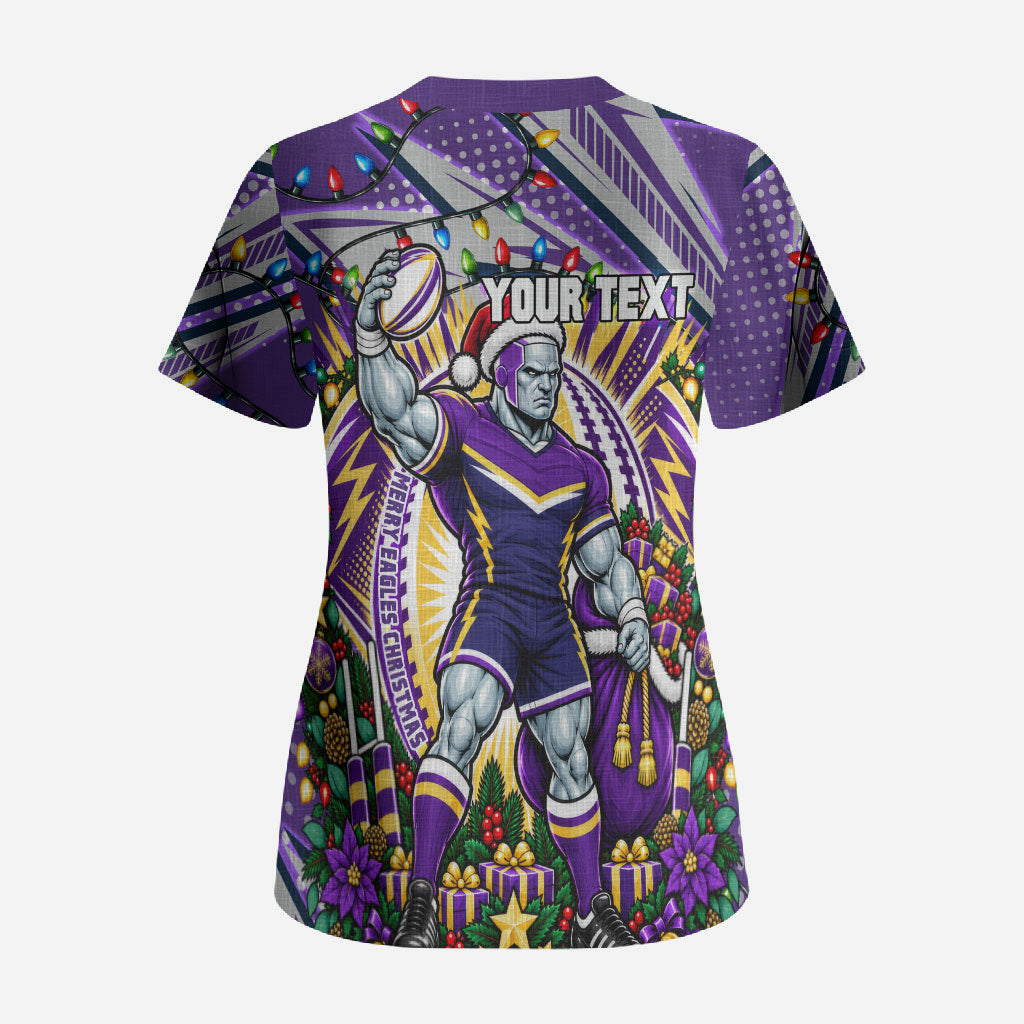Personalized Melbourne Storm Rugby Christmas Scrub Top Holiday Mascot Graphic Art Festive Lights Bow