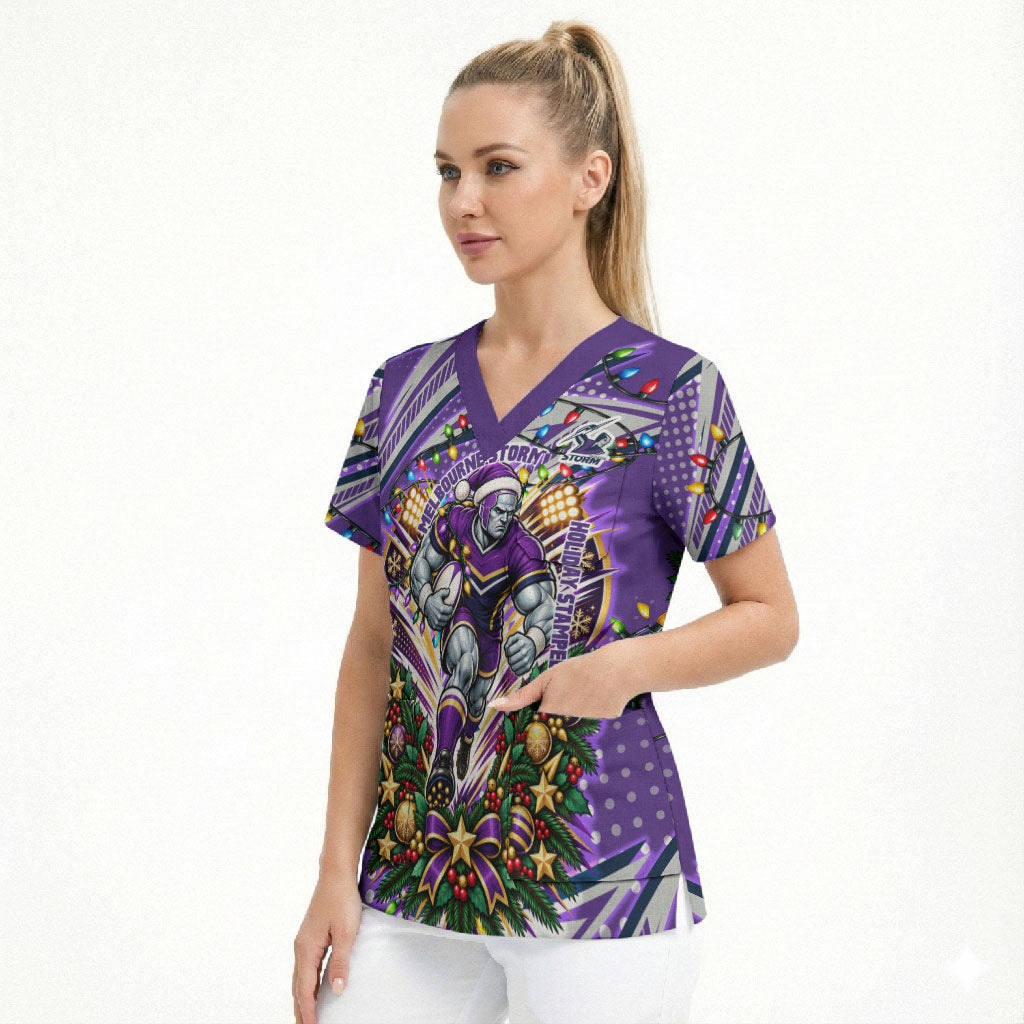 Personalized Melbourne Storm Rugby Christmas Scrub Top Holiday Mascot Graphic Art Festive Lights Bow