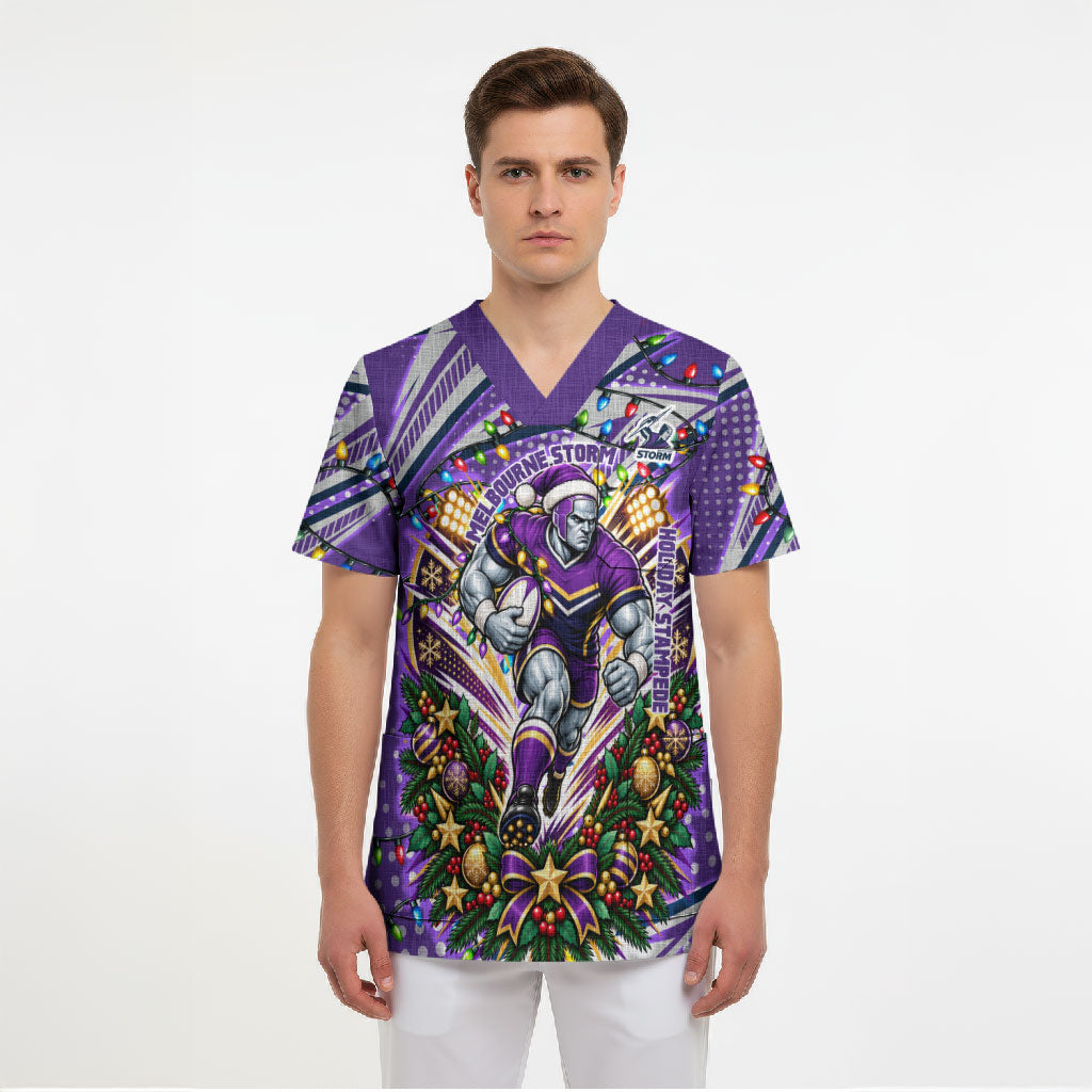 Personalized Melbourne Storm Rugby Christmas Scrub Top Holiday Mascot Graphic Art Festive Lights Bow
