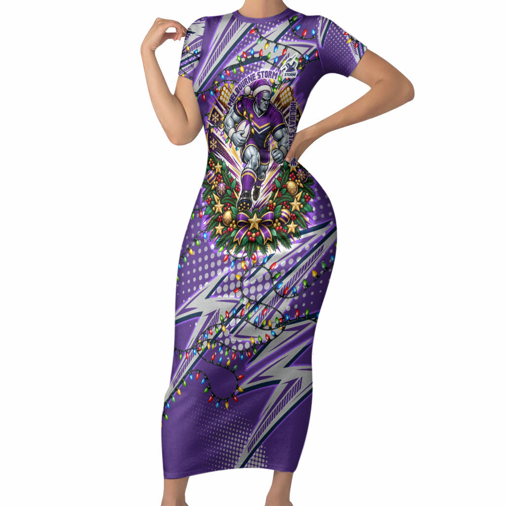 Personalized Melbourne Storm Rugby Christmas Short Sleeve Bodycon Dress Holiday Mascot Graphic Art Festive Lights Bow
