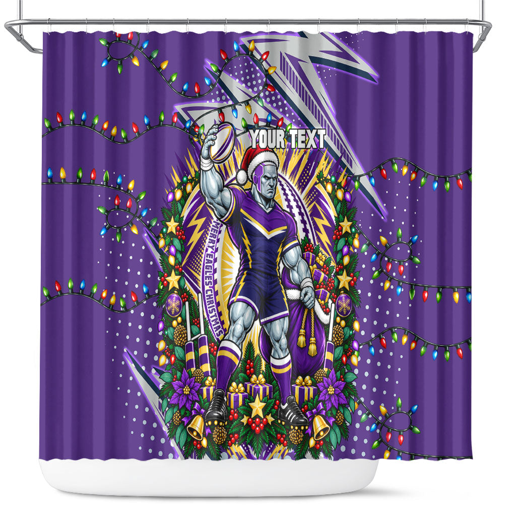 Personalized Melbourne Storm Rugby Christmas Shower Curtain Holiday Mascot Graphic Art Festive Lights Bow