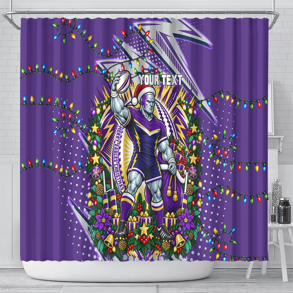 Personalized Melbourne Storm Rugby Christmas Shower Curtain Holiday Mascot Graphic Art Festive Lights Bow