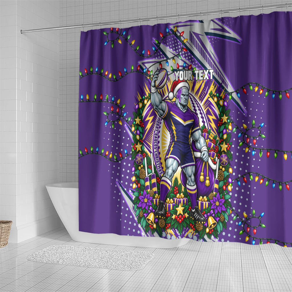 Personalized Melbourne Storm Rugby Christmas Shower Curtain Holiday Mascot Graphic Art Festive Lights Bow