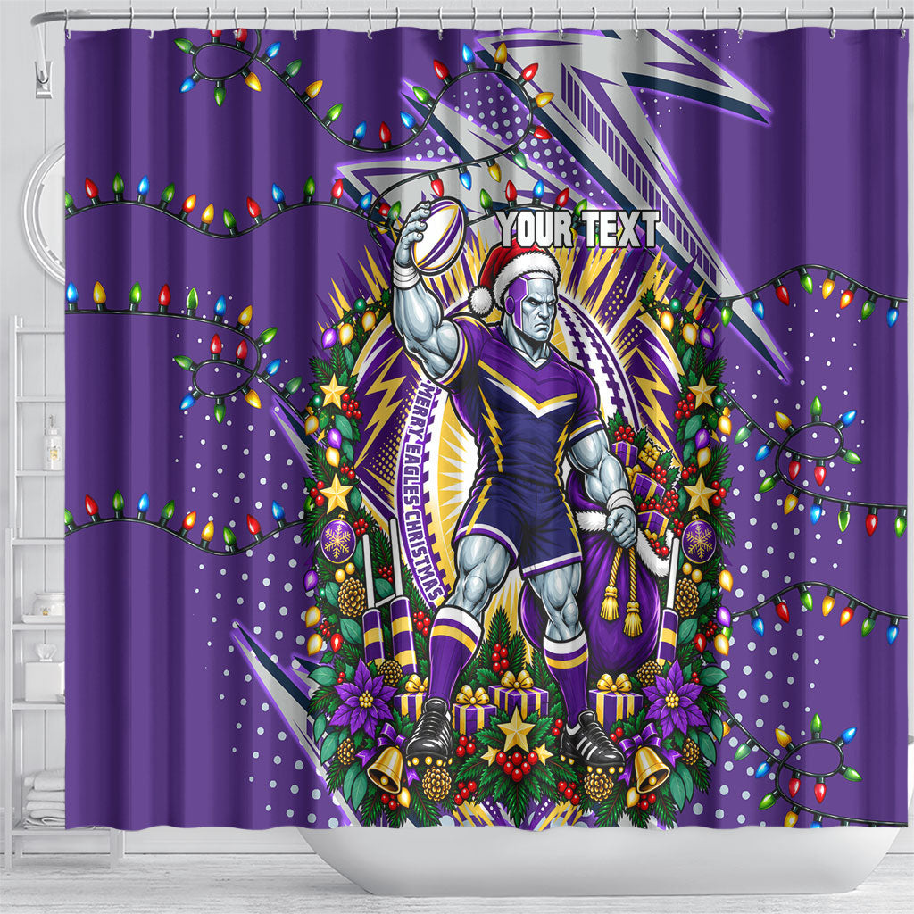 Personalized Melbourne Storm Rugby Christmas Shower Curtain Holiday Mascot Graphic Art Festive Lights Bow