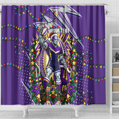 Personalized Melbourne Storm Rugby Christmas Shower Curtain Holiday Mascot Graphic Art Festive Lights Bow