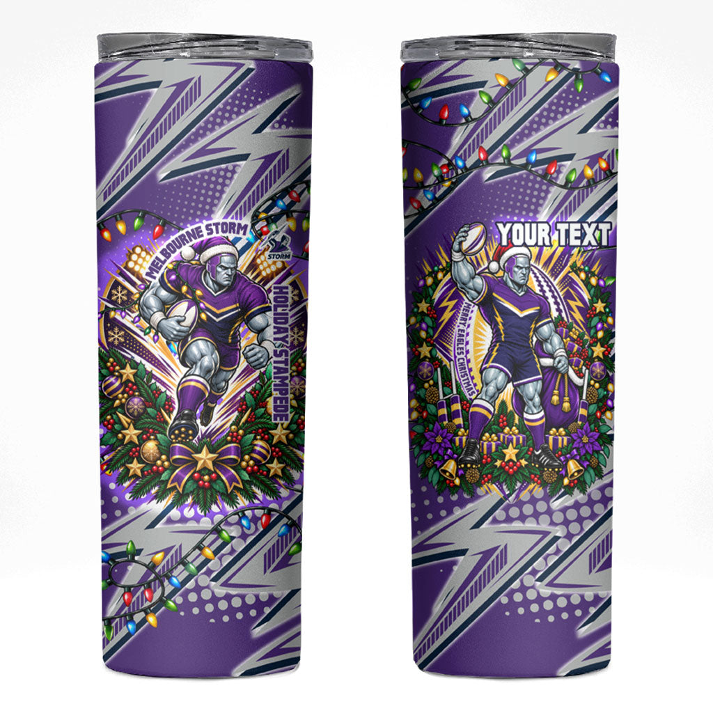 Personalized Melbourne Storm Rugby Christmas Skinny Tumbler Holiday Mascot Graphic Art Festive Lights Bow