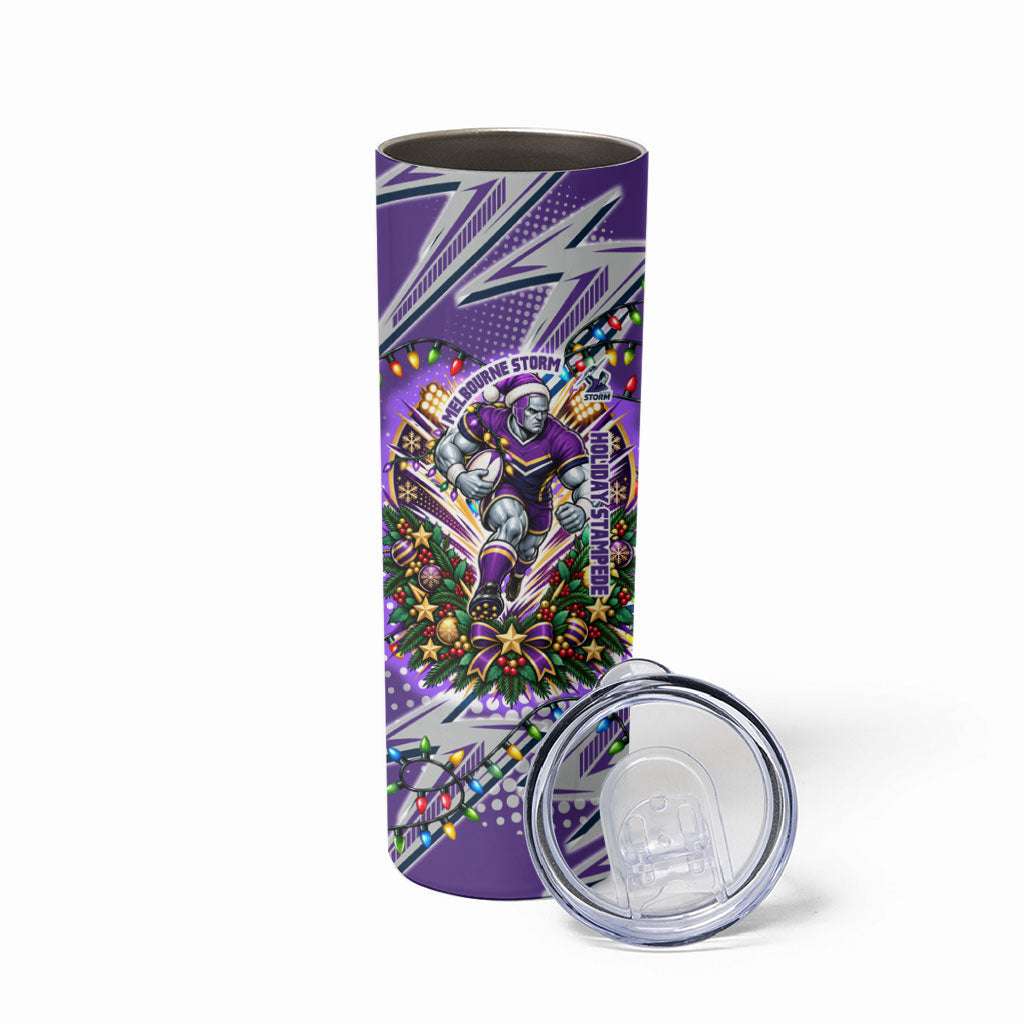 Personalized Melbourne Storm Rugby Christmas Skinny Tumbler Holiday Mascot Graphic Art Festive Lights Bow