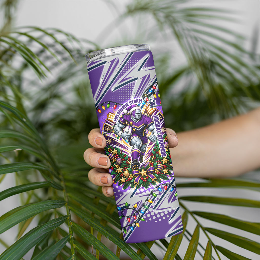 Personalized Melbourne Storm Rugby Christmas Skinny Tumbler Holiday Mascot Graphic Art Festive Lights Bow