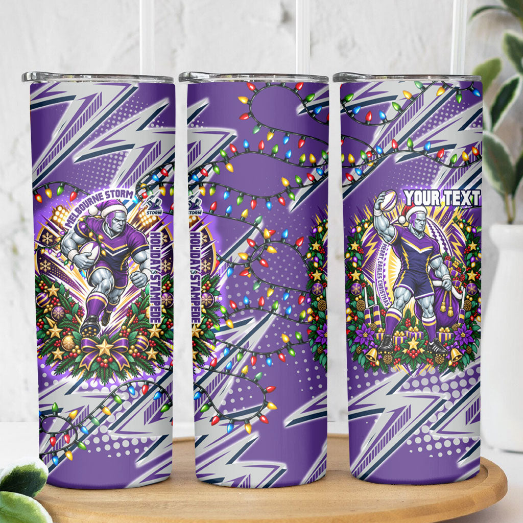 Personalized Melbourne Storm Rugby Christmas Skinny Tumbler Holiday Mascot Graphic Art Festive Lights Bow
