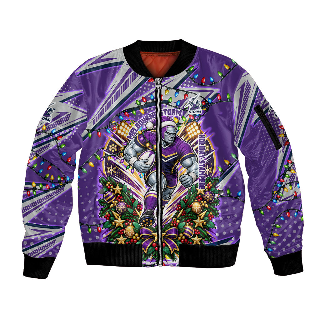 Personalized Melbourne Storm Rugby Christmas Sleeve Zip Bomber Jacket Holiday Mascot Graphic Art Festive Lights Bow