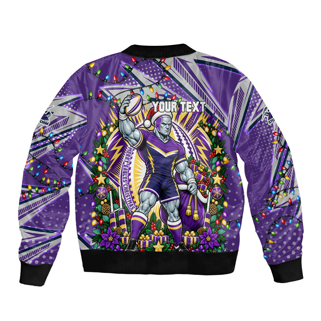 Personalized Melbourne Storm Rugby Christmas Sleeve Zip Bomber Jacket Holiday Mascot Graphic Art Festive Lights Bow