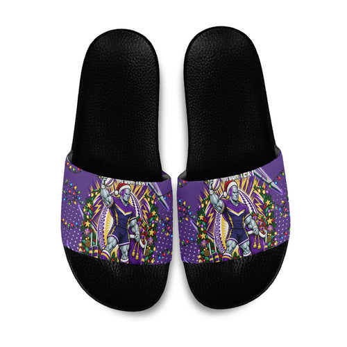 Personalized Melbourne Storm Rugby Christmas Slide Sandals Holiday Mascot Graphic Art Festive Lights Bow