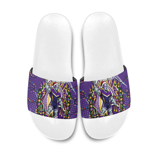 Personalized Melbourne Storm Rugby Christmas Slide Sandals Holiday Mascot Graphic Art Festive Lights Bow