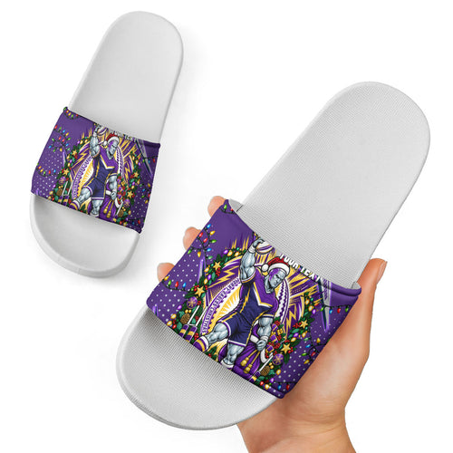 Personalized Melbourne Storm Rugby Christmas Slide Sandals Holiday Mascot Graphic Art Festive Lights Bow