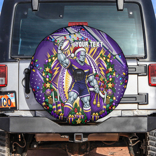 Personalized Melbourne Storm Rugby Christmas Spare Tire Cover Holiday Mascot Graphic Art Festive Lights Bow