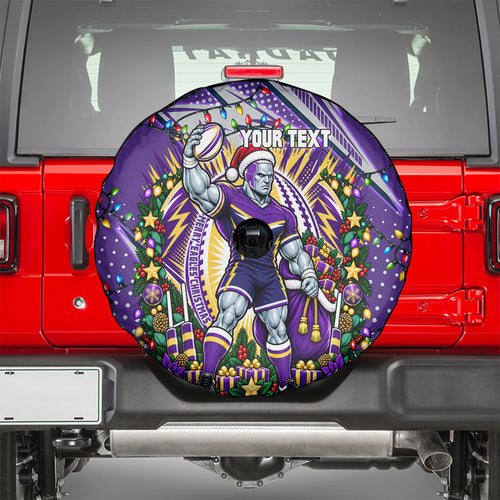 Personalized Melbourne Storm Rugby Christmas Spare Tire Cover Holiday Mascot Graphic Art Festive Lights Bow