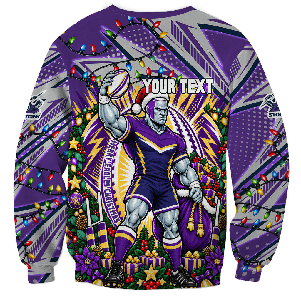 Personalized Melbourne Storm Rugby Christmas Sweatshirt Holiday Mascot Graphic Art Festive Lights Bow