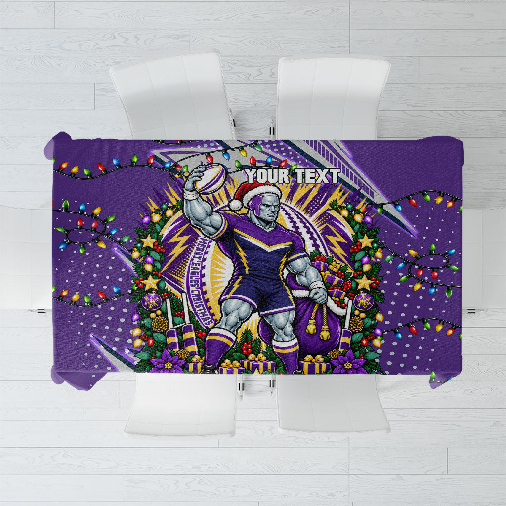 Personalized Melbourne Storm Rugby Christmas Tablecloth Holiday Mascot Graphic Art Festive Lights Bow