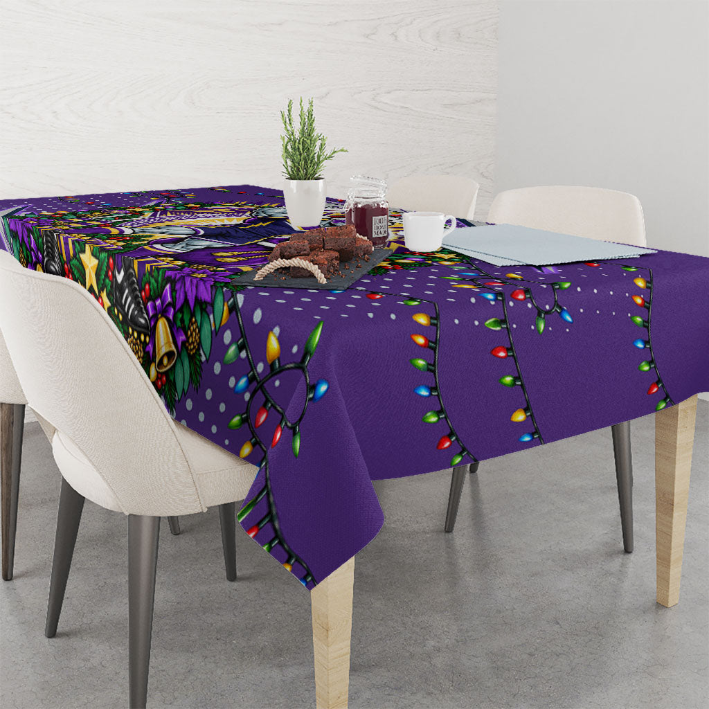 Personalized Melbourne Storm Rugby Christmas Tablecloth Holiday Mascot Graphic Art Festive Lights Bow