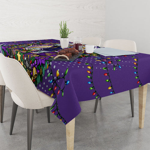 Personalized Melbourne Storm Rugby Christmas Tablecloth Holiday Mascot Graphic Art Festive Lights Bow