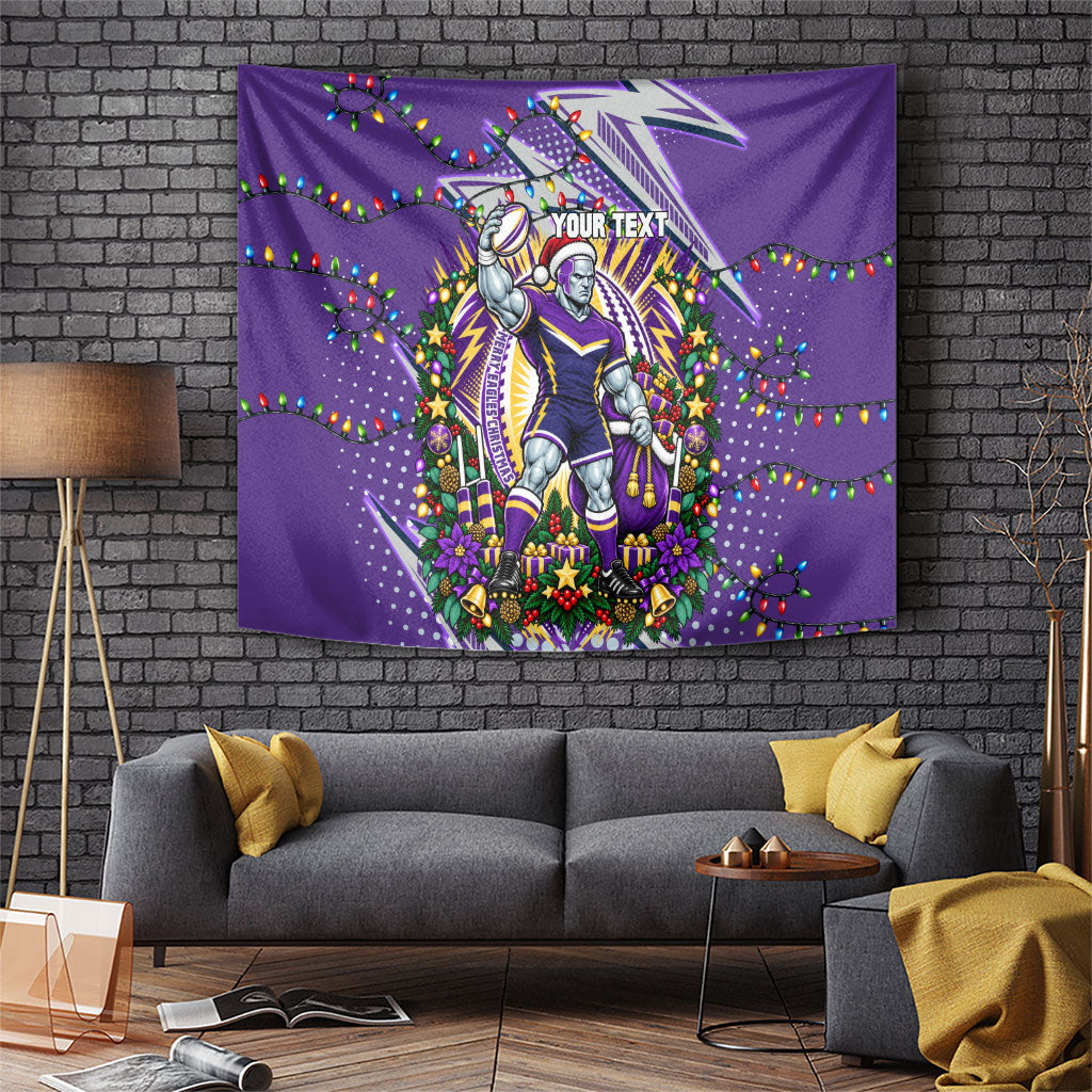 Personalized Melbourne Storm Rugby Christmas Tapestry Holiday Mascot Graphic Art Festive Lights Bow