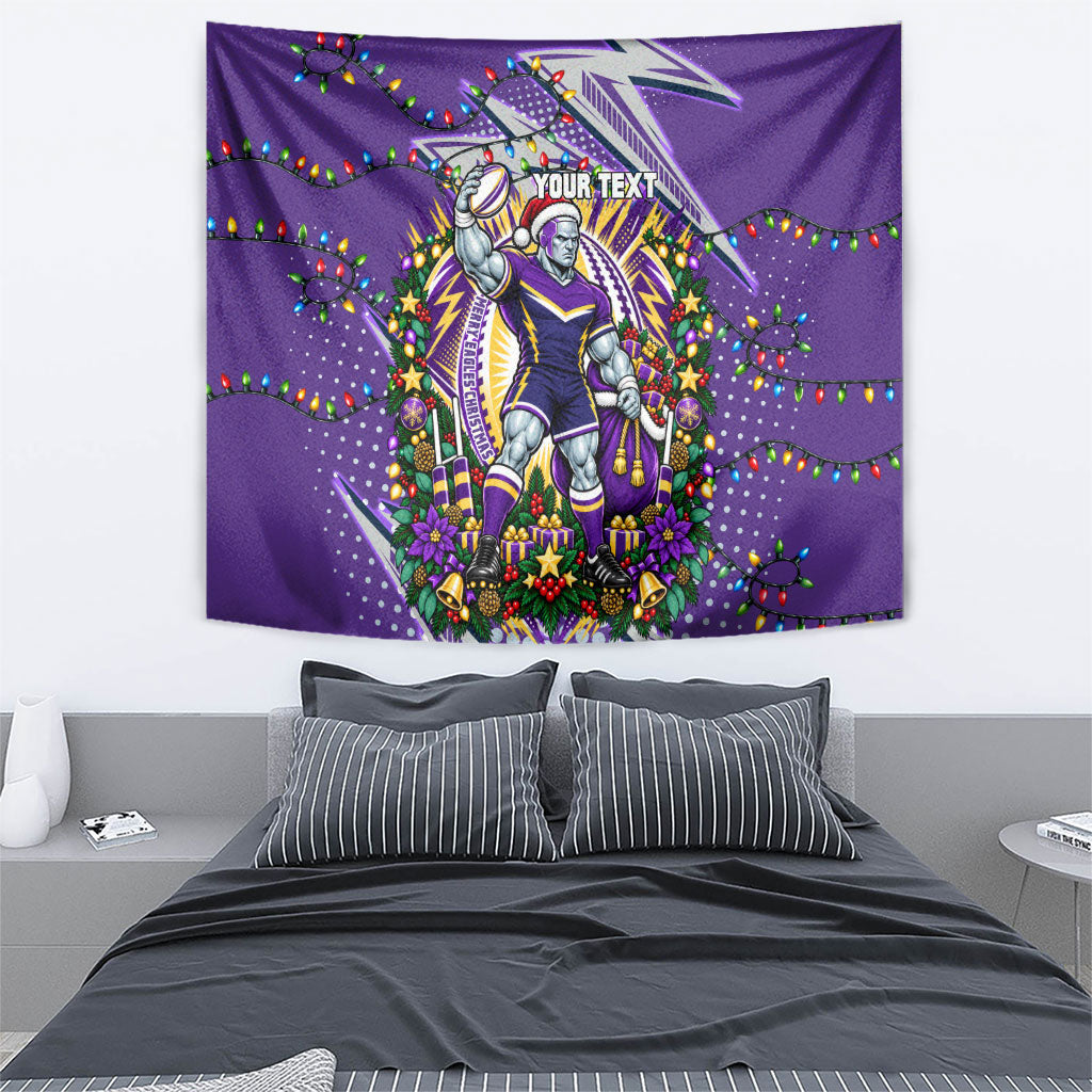 Personalized Melbourne Storm Rugby Christmas Tapestry Holiday Mascot Graphic Art Festive Lights Bow