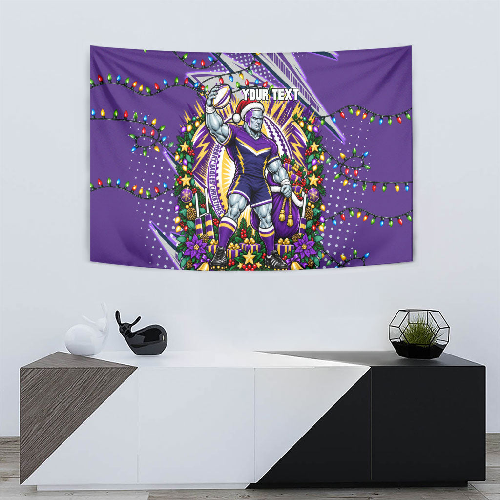 Personalized Melbourne Storm Rugby Christmas Tapestry Holiday Mascot Graphic Art Festive Lights Bow