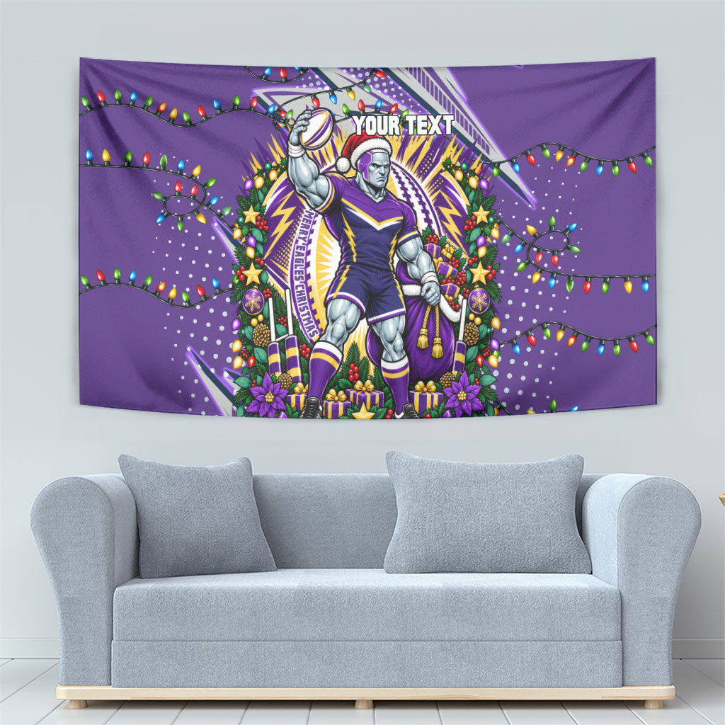 Personalized Melbourne Storm Rugby Christmas Tapestry Holiday Mascot Graphic Art Festive Lights Bow