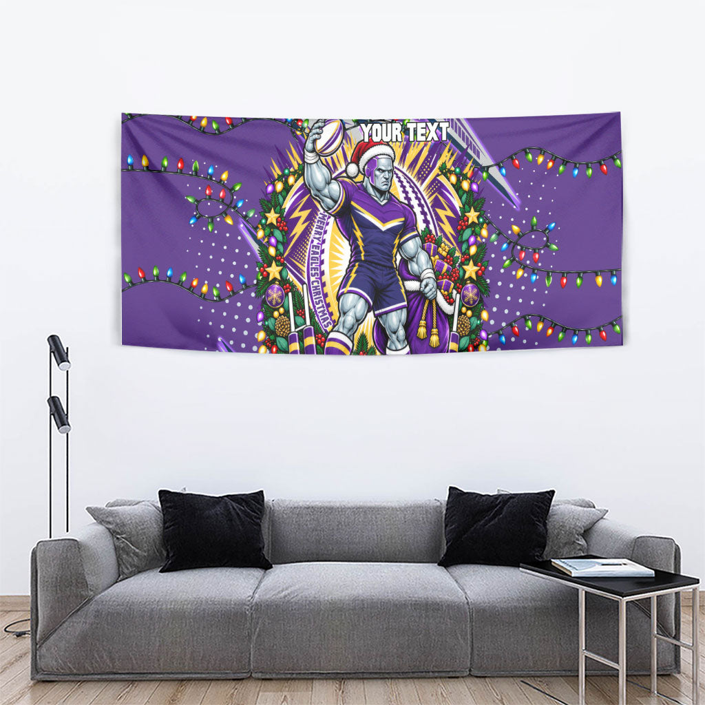 Personalized Melbourne Storm Rugby Christmas Tapestry Holiday Mascot Graphic Art Festive Lights Bow