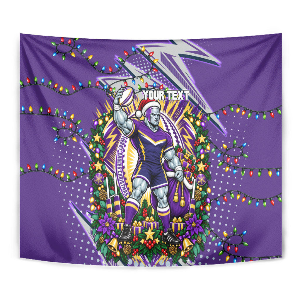 Personalized Melbourne Storm Rugby Christmas Tapestry Holiday Mascot Graphic Art Festive Lights Bow