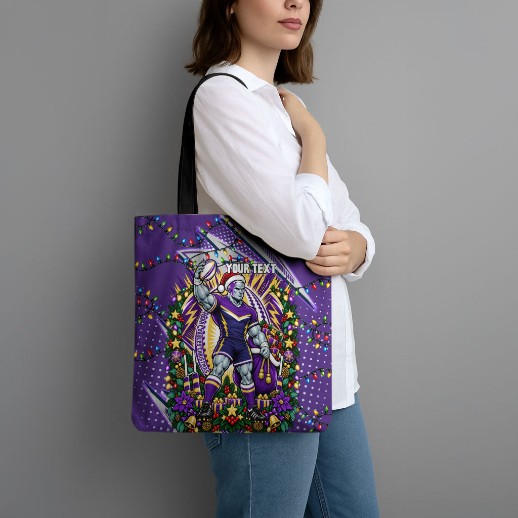 Personalized Melbourne Storm Rugby Christmas Tote Bag Holiday Mascot Graphic Art Festive Lights Bow