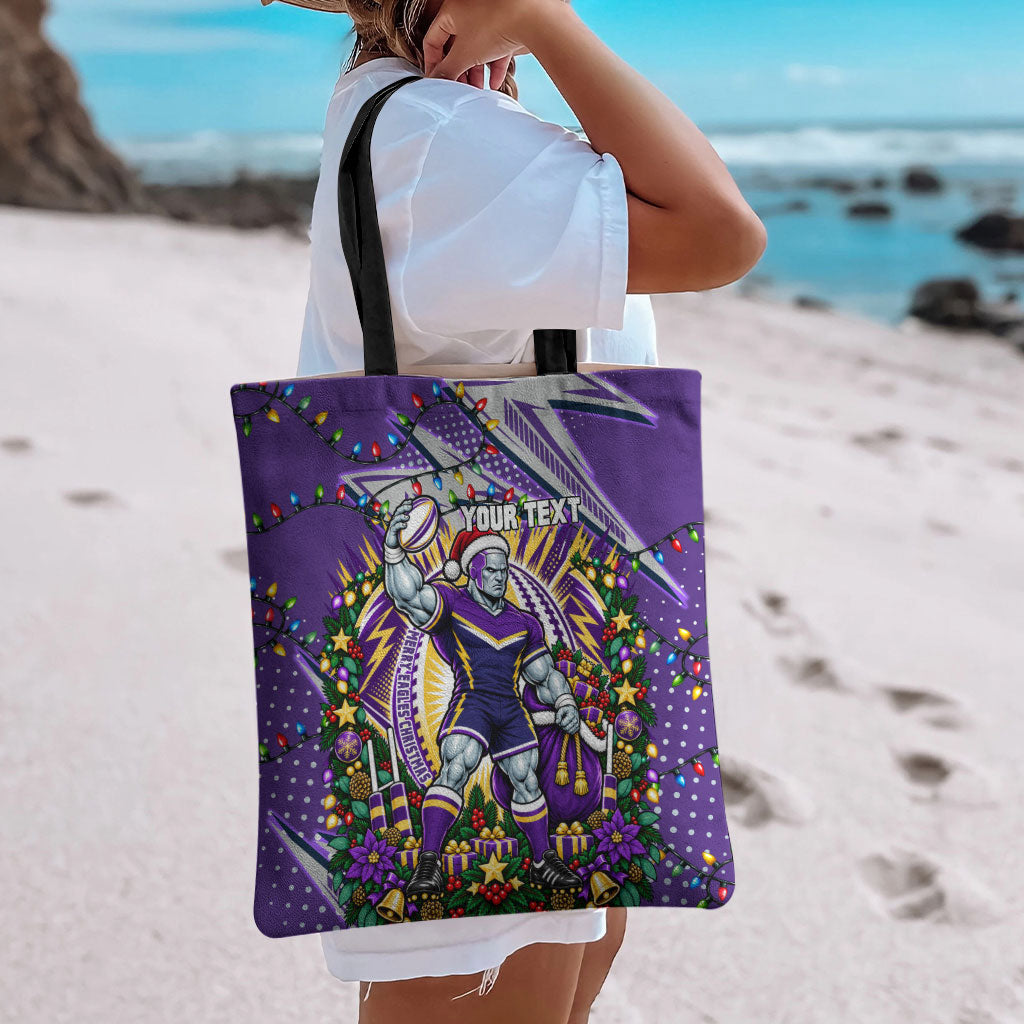 Personalized Melbourne Storm Rugby Christmas Tote Bag Holiday Mascot Graphic Art Festive Lights Bow