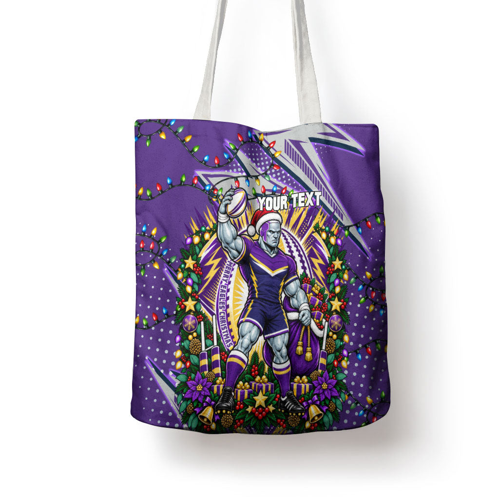 Personalized Melbourne Storm Rugby Christmas Tote Bag Holiday Mascot Graphic Art Festive Lights Bow