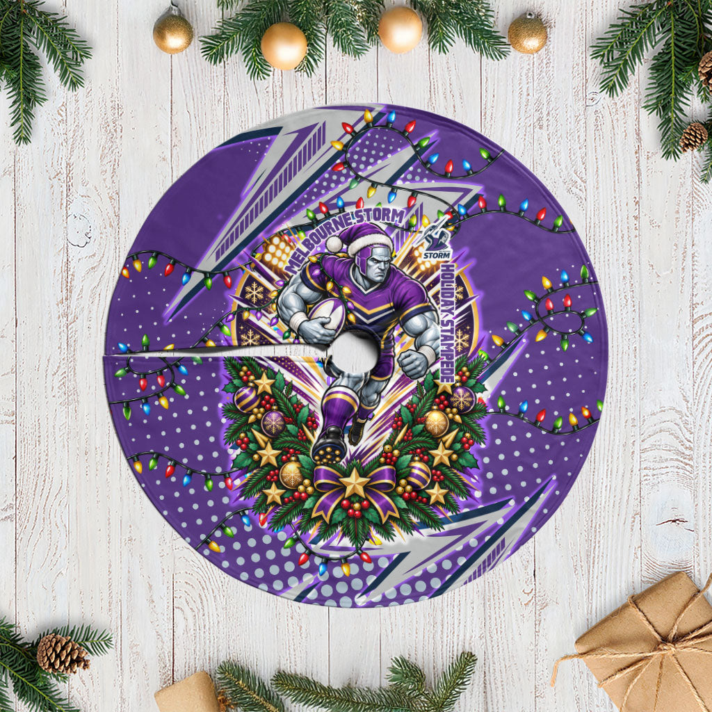 Melbourne Storm Rugby Christmas Tree Skirt Holiday Mascot Graphic Art Festive Lights Bow