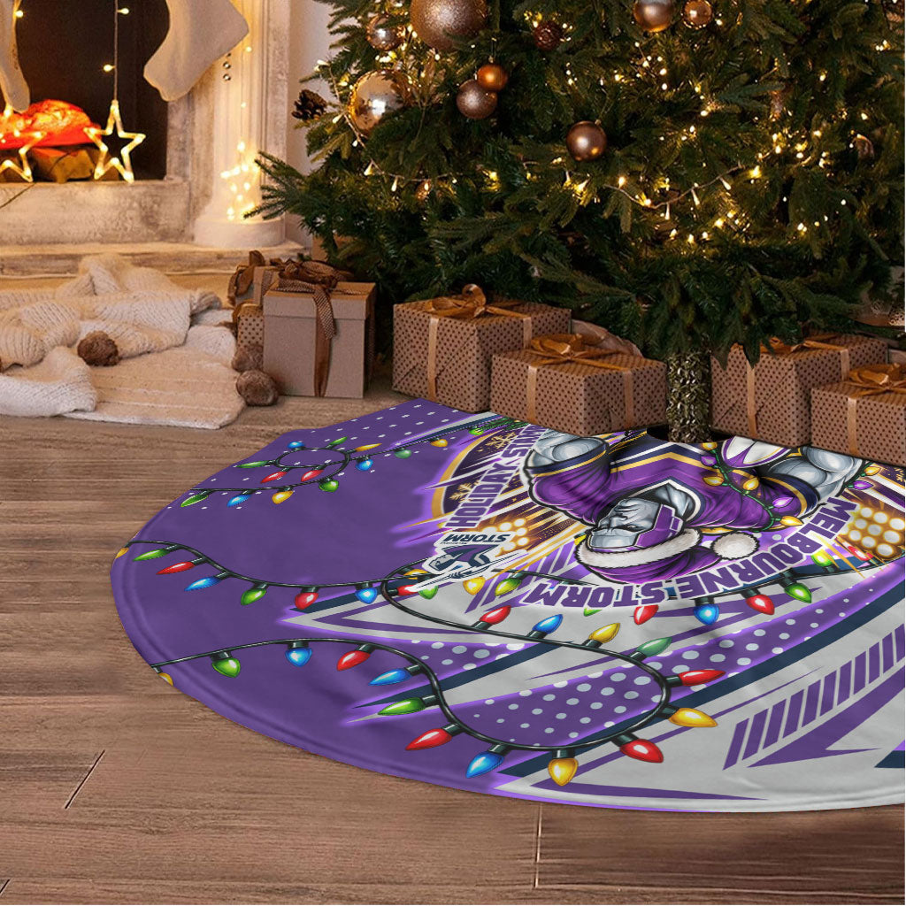 Melbourne Storm Rugby Christmas Tree Skirt Holiday Mascot Graphic Art Festive Lights Bow