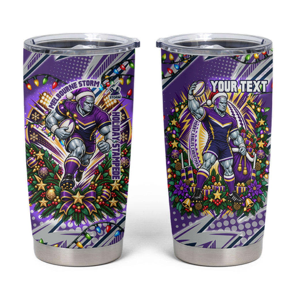 Personalized Melbourne Storm Rugby Christmas Tumbler Cup Holiday Mascot Graphic Art Festive Lights Bow
