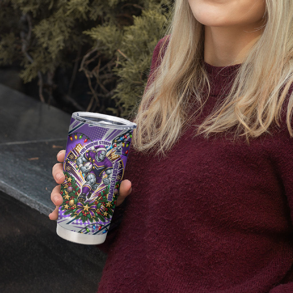 Personalized Melbourne Storm Rugby Christmas Tumbler Cup Holiday Mascot Graphic Art Festive Lights Bow