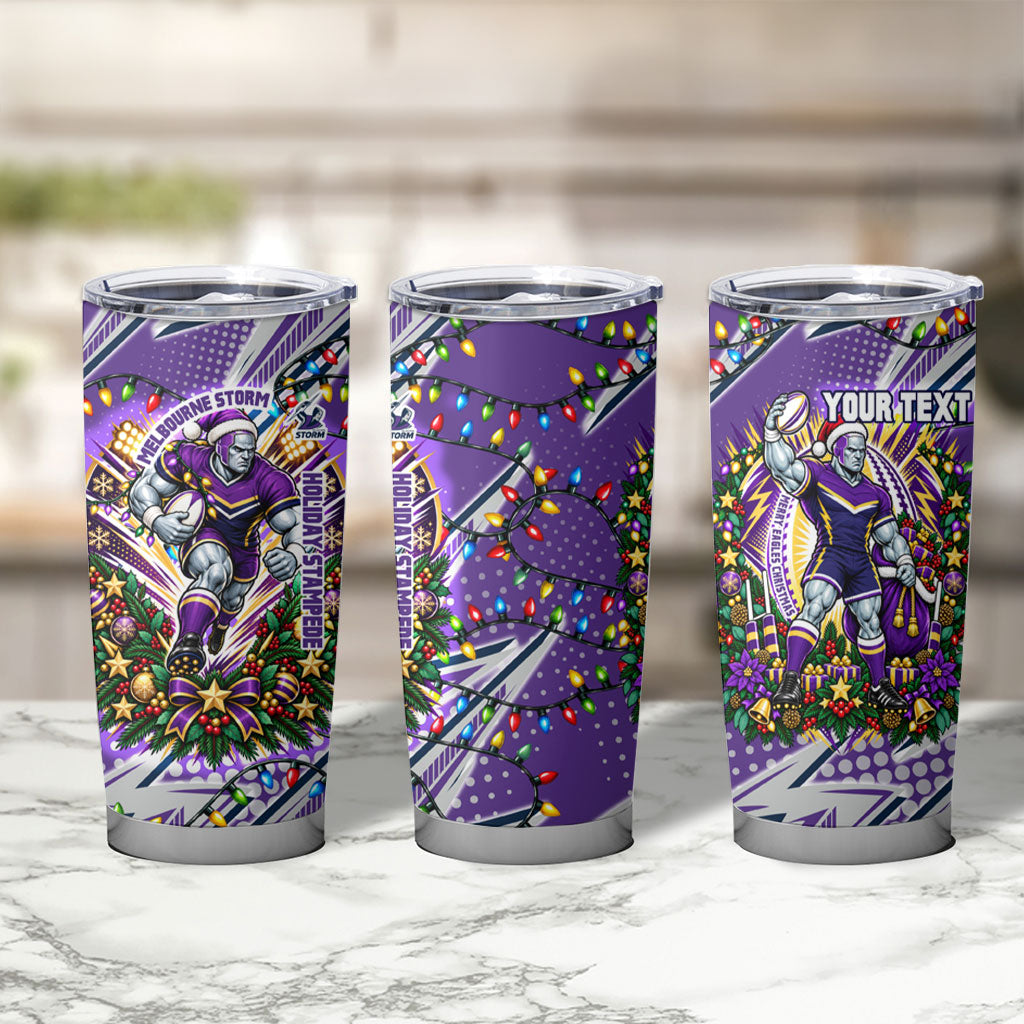 Personalized Melbourne Storm Rugby Christmas Tumbler Cup Holiday Mascot Graphic Art Festive Lights Bow