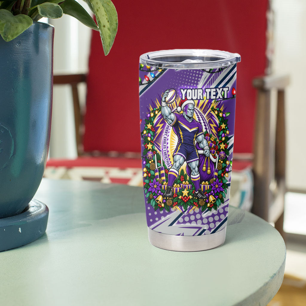 Personalized Melbourne Storm Rugby Christmas Tumbler Cup Holiday Mascot Graphic Art Festive Lights Bow