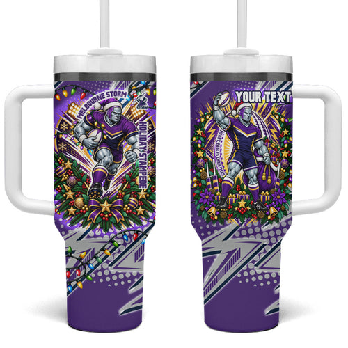 Personalized Melbourne Storm Rugby Christmas Tumbler With Handle Holiday Mascot Graphic Art Festive Lights Bow