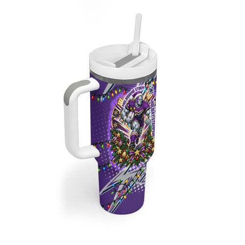 Personalized Melbourne Storm Rugby Christmas Tumbler With Handle Holiday Mascot Graphic Art Festive Lights Bow